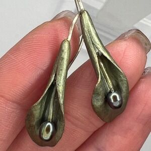 Michael Michaud Hosta Earrings 4091BZ Bronze w/ Peacock Pearls Botanical‎
